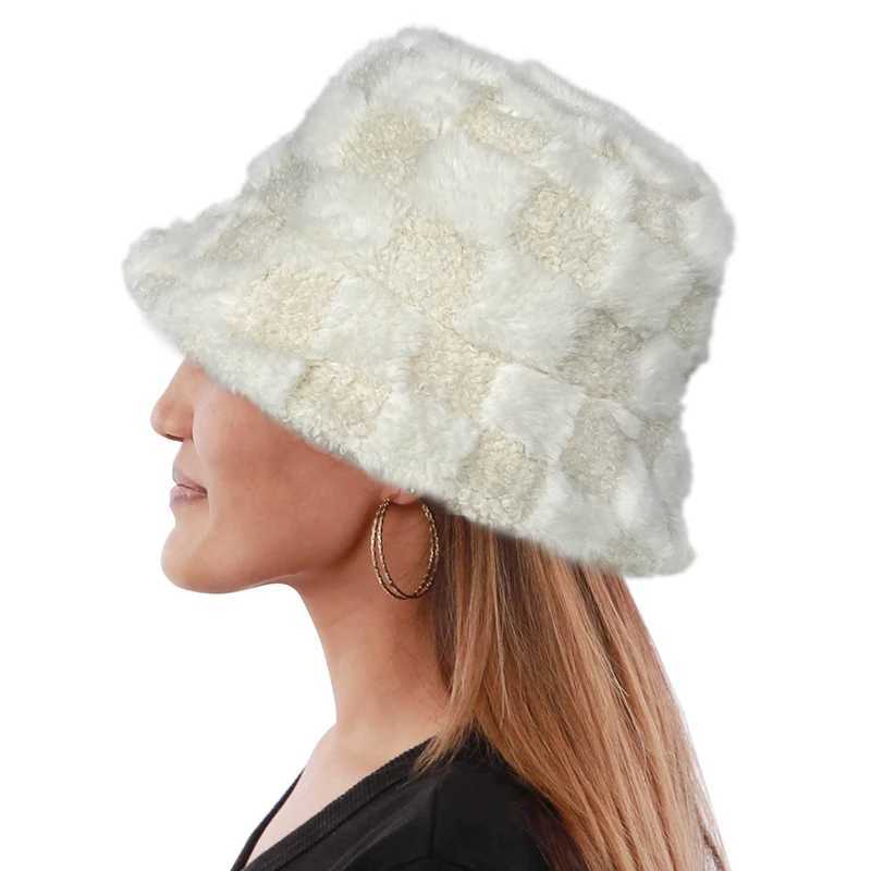 NEW-Checkered Bucket Hat Plush Adjustable Bucket Hat Furry Warm Fisherman Hat For Men Women For Winter SpringX241025
