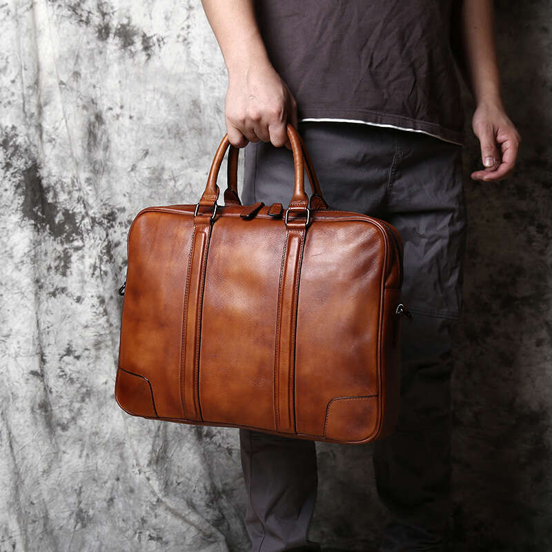 retro handmade mens handbag top layer cowhide briefcase vegetable tanned leather horizontal business computer bag