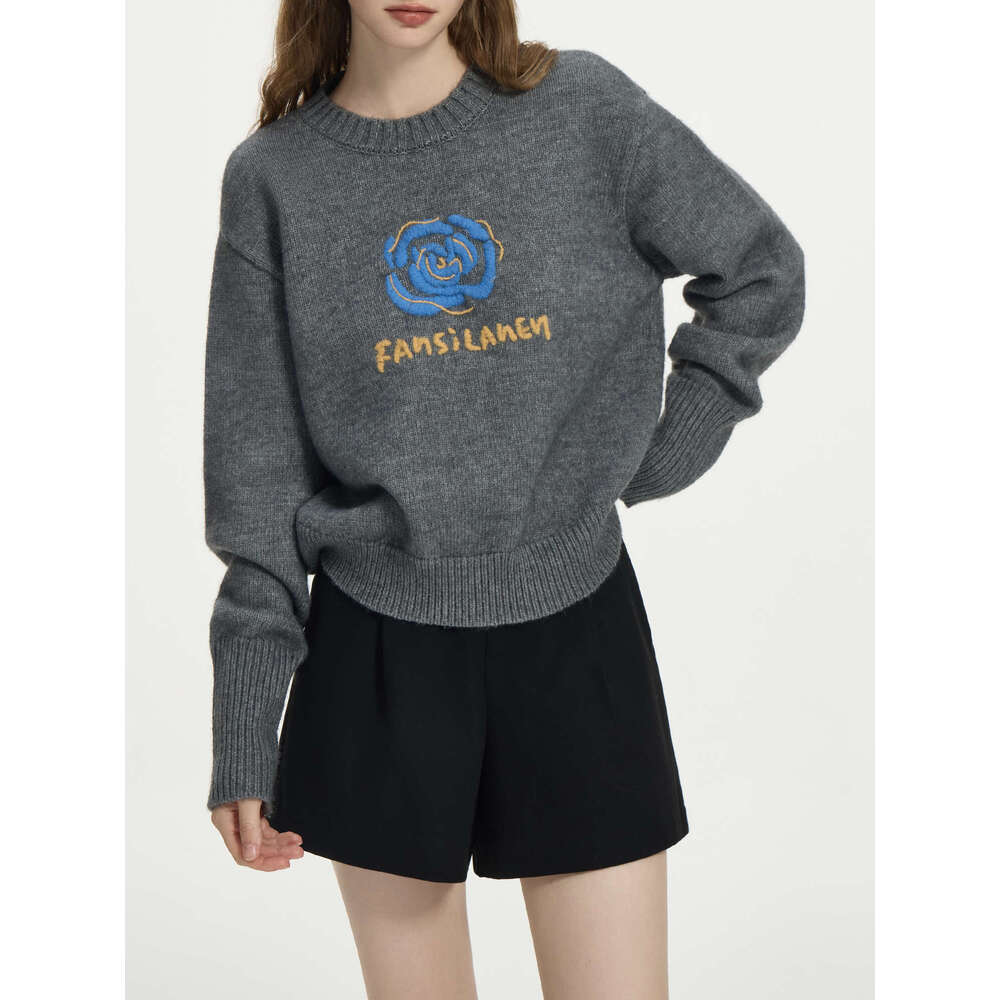 FSLE Two Colors Wer Embroidery Round Neck Women Sweater Fall Winter 2024 New Loose Versatile Warm Wool Knit Pullover24fs14165 250527