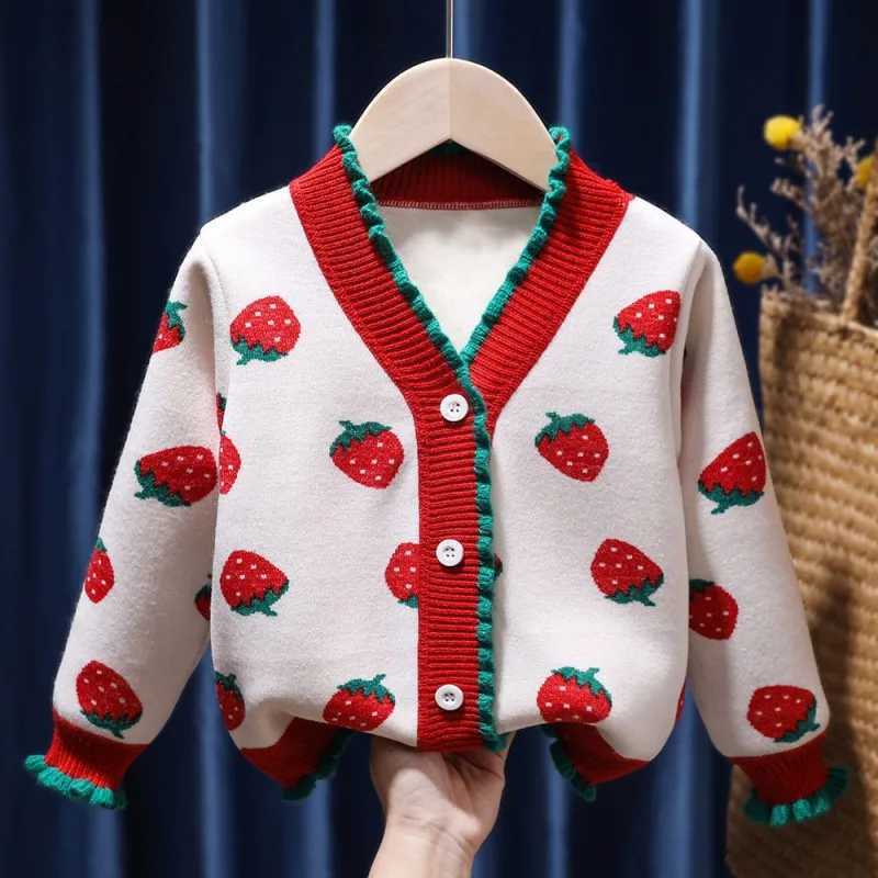 Childrens clothing girl knitted cardigan button V-neck cute strawberry jacquard childrens long sleeved knitted cardigan W241025