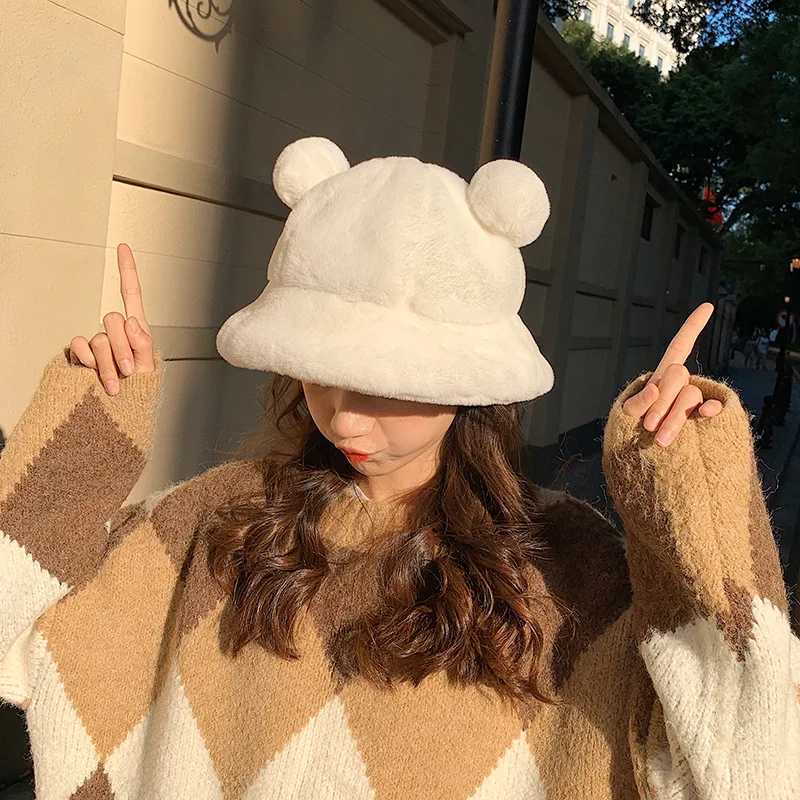 Winter Fashion Cute Leopard Bear Ear Bucket Hat For Women Thick Warm Faux Fur Furly Fisherman Cap Outdoor Protection Soft PanamaX241025