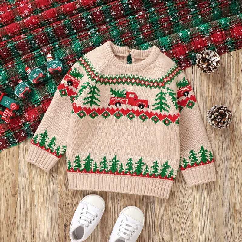 6M-3Y Baby Boy Christmas Sweater Long Sleeve Button Round Neck Truck Printed Knitted Zipper Baby Parachute Top W241025