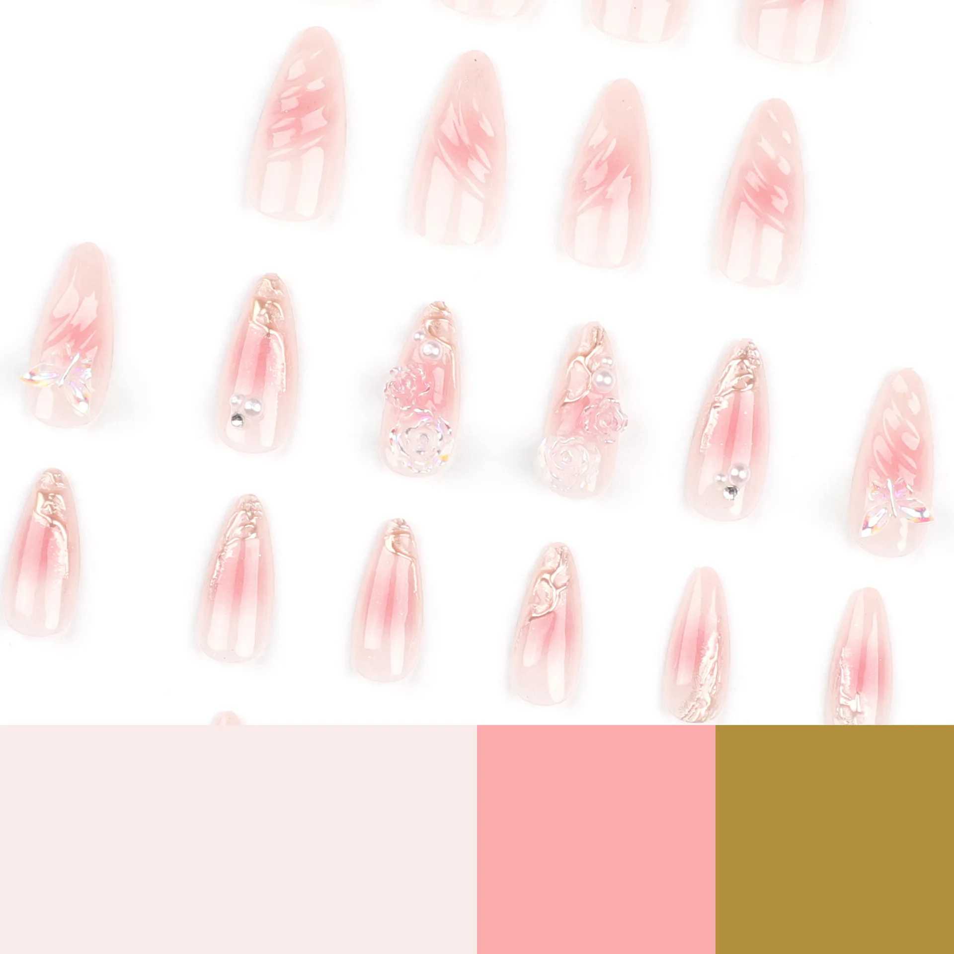 24pcs Pink Blush Flower Fake Nail for Women Wearable Y2k 3D Wave Decor False Nail Patch Korean Sweet Almond Press on NailsXJ241025
