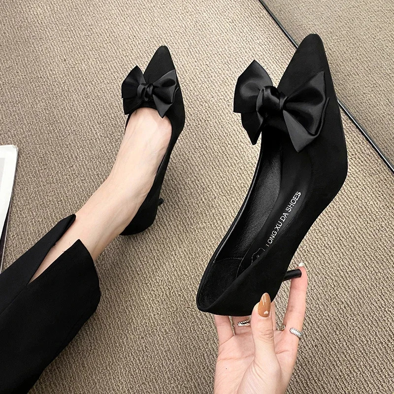 Black toe high-heeled shoes for women pump small size bow decoration thin high-heeled shoes for brides Laides Sapatos Femininos 241024