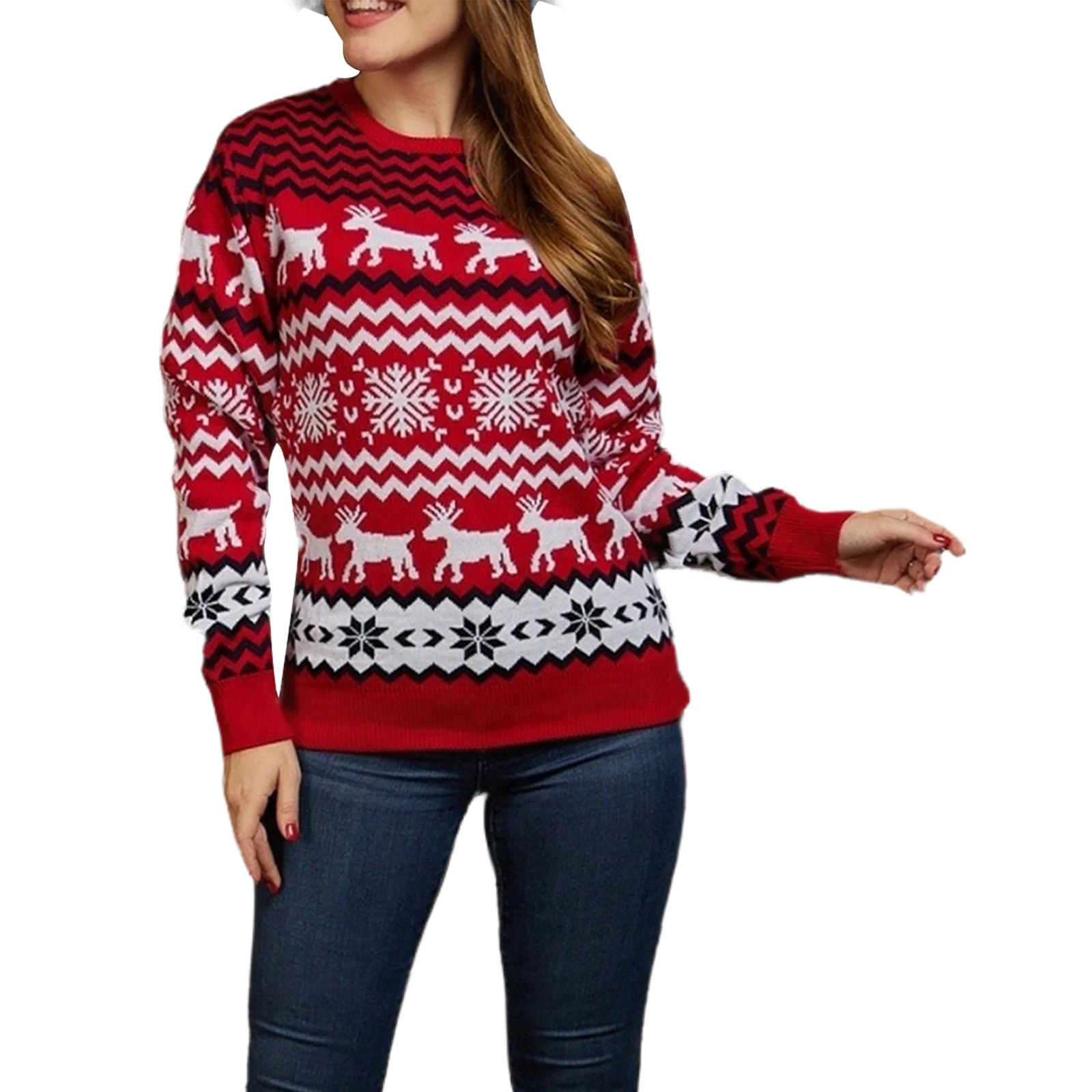 Women Knitted Jumper Festive Christmas Party Long Sleeve Fashion Simple Jacquard Elk Round Neck Knitwear Sweater Shirt 241021