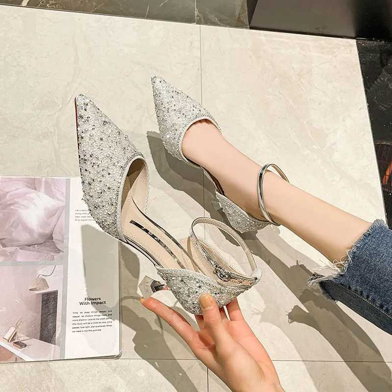 High Quality Womens shiny pumps ankle strap crystal high heels womens Pointed toes thin high heels wedding party shoes T241024