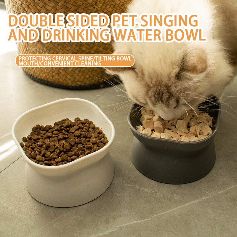 Double-sided pet feeding water bowl slanted mouth to protect the cervical spine dog feeder to prevent knocking over tall cat feeding bowl