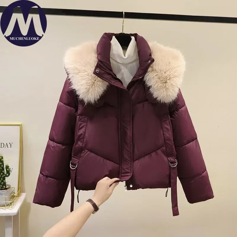 Womens Jacket Winter Fur Collar Long Sleeves Thickening Keep Warm Parkas Korean Fashion Slim Fit Street Trends Parka Coats 241021