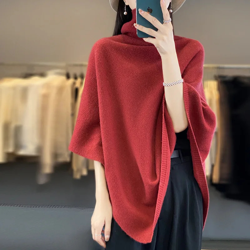 Autumn and Winter 100% Wool Pile Collar Large Shawl for Women Pure Color Asymmetrical Versatile Knitted Cape with 241021