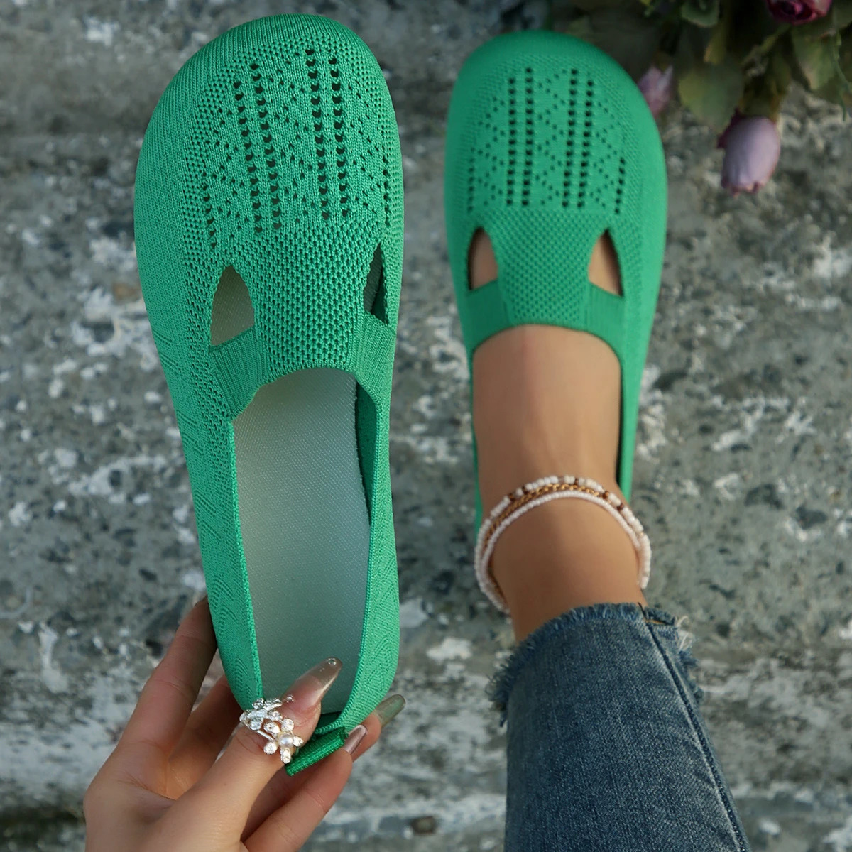 Womens Apartment Womens Autumn Casual Square Toe Hollow Loafers Barefoot Womens Knitted Comfortable Sneakers Lightweight Outdoor Shoes 241024