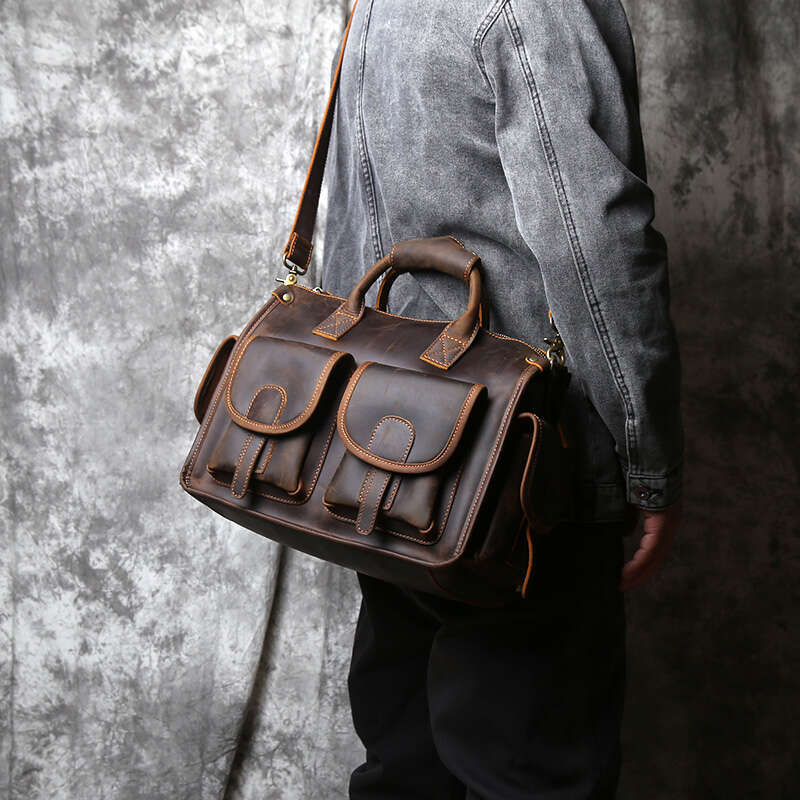 Vintage Genuine Leather Men's Briefcase Crazy Horse Handbag Natural Cowhide Travel Casual Shoulder Crossbody Bag