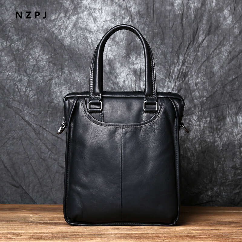 Men's Leather Business Handbag Top Layer Cowhide One Shoulder Messenger Vertical Office Computer Bag Simple Briefcase