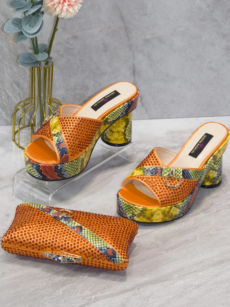 Top er shoe and bag matching set snake patterned sparkling sandals with wallet Wed Party high heels bag 241024