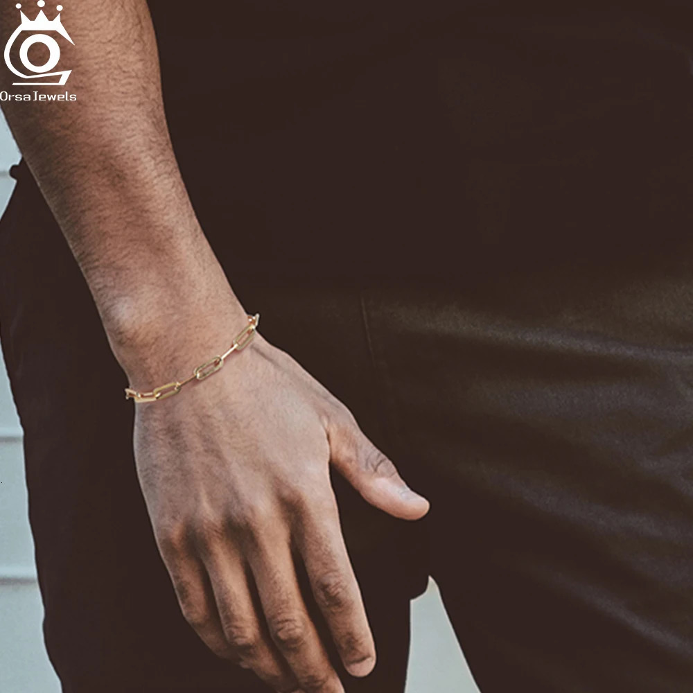 ORSA JEWELS Genuine 925 Sterling Silver Unisex Paperclip Link Chain Bracelet Vintage Minimalism Party Hand Simple Jewery SB109 241024