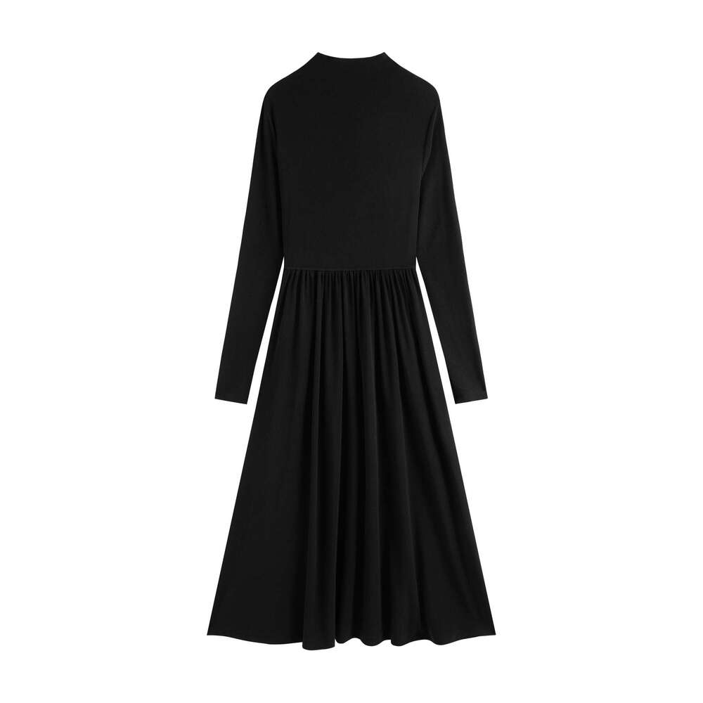 FSLE Knitted Mock Neck Winter Warm All-Match Black Long Pleated Design Dresses Women Sweater Dress 24Fs14498