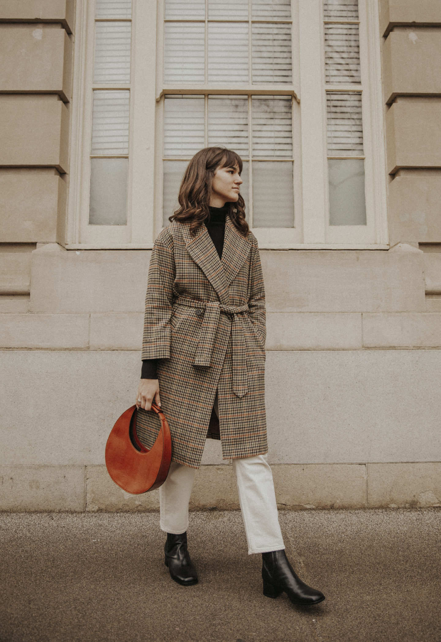 Woolen Coat For Women V Neck Loose Plaid Medium Long Coat Autumn Winter Sashes Women Business Party Dress Simple Formal Work Wear