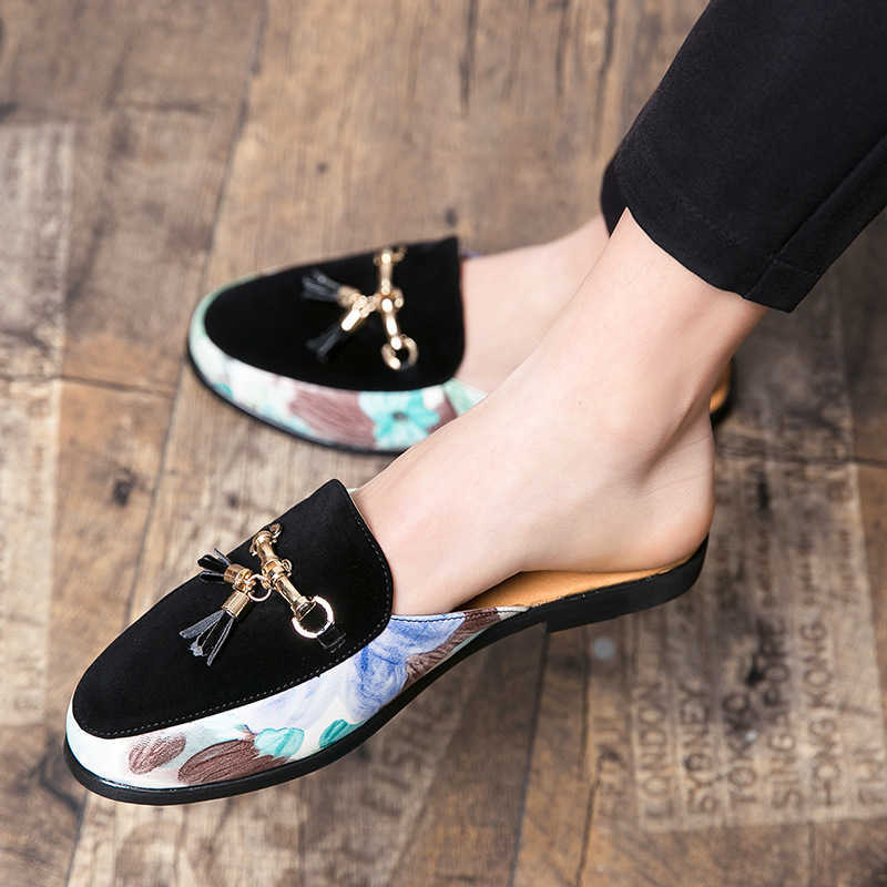 Men Dress Shoes Summer Breathable Half Slippers Mens Korean Version Casual One Foot Lazy Cool Slippers Bean Shoes Small Leather Shoes 241009