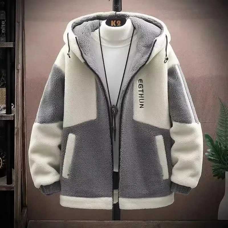 Winter and autumn granular Flce thick T-shirt mens jacket casual hooded Lambswool color matching Kp warm and fashionable W241024