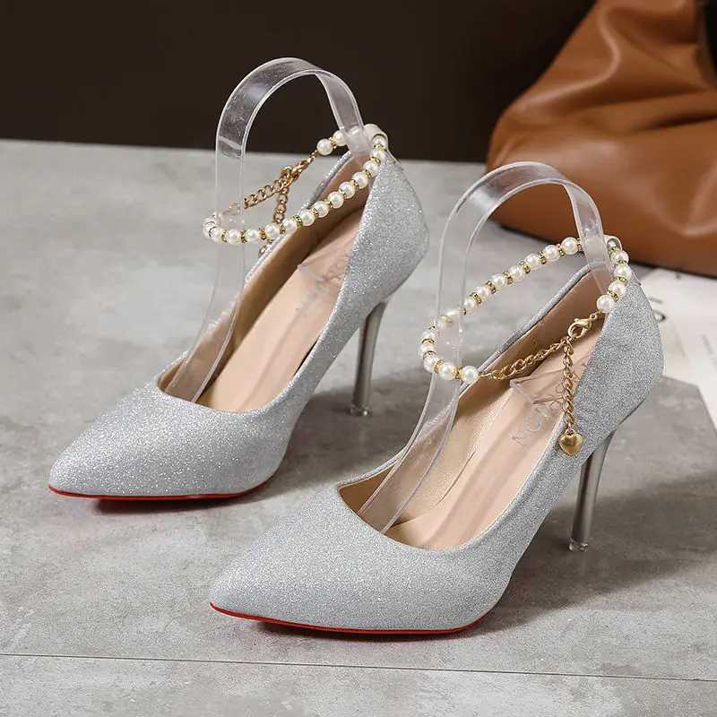 High Quality Pearl pendant bead buckle womens pump gold 7cm/10cm high heel anklet shoulder strap womens party dress shoes Plus size 45 T241024