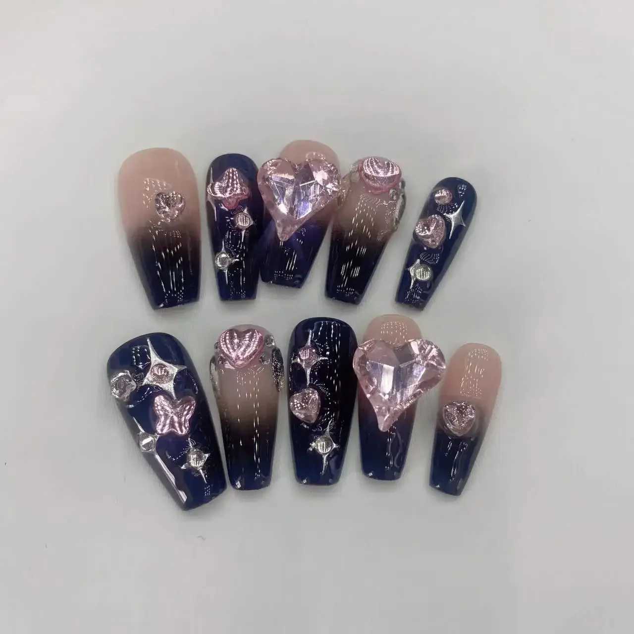 10Pcs Handmade Press on Nails Fake Nails with Love Rhinestone Decoration Wearable Stick-on Nails Full Cover False Nail Uas XJ241025