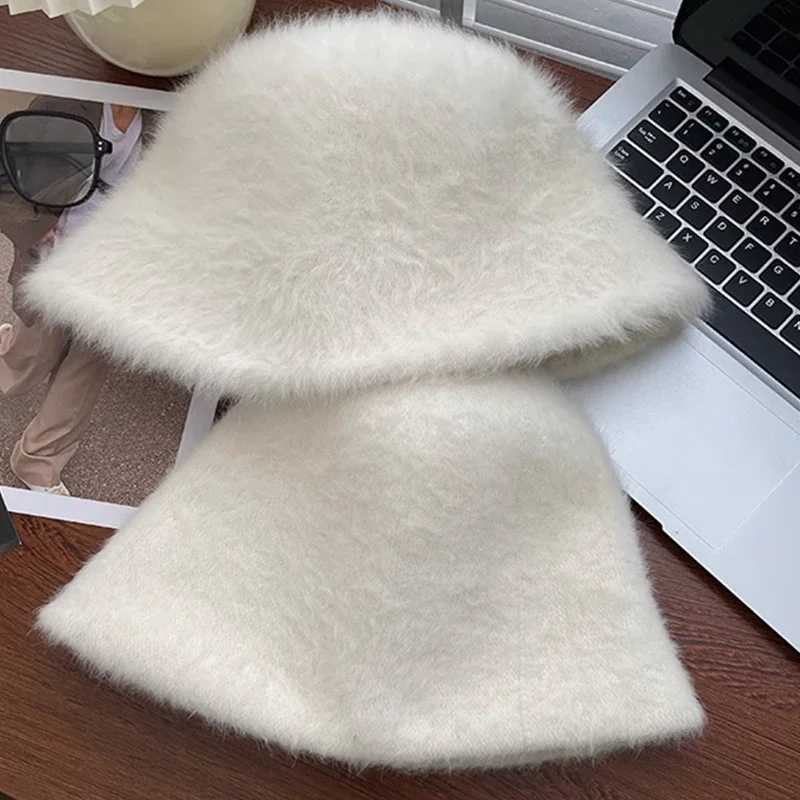 Rabbit Fur Bucket Hat Plush Bucket Hat Soft Warm for Women Winter White Black Knitted Fisherman Hat Soft Warm Girls Basin HatsX241025