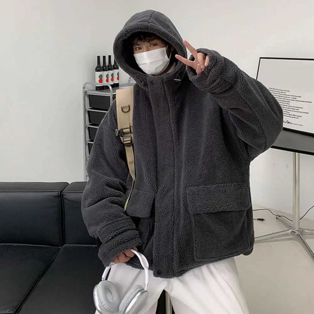 Versatile mens jacket mens hooded cotton jacket mens hooded imitation cashmere coat with pocket autumn and winter weather W241024