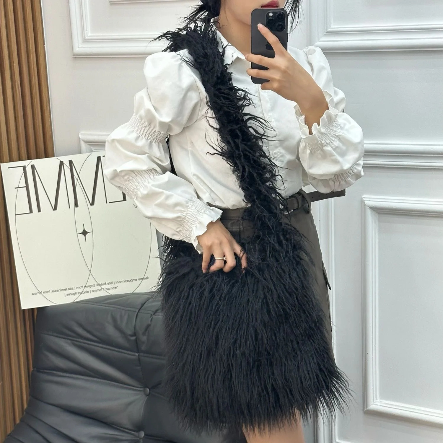 Faux Fur Bags for Women Vintage Y2k Tote Shoulder Bags Glossy Leather Shopper Handbags Woman Rhombic Bag 240926