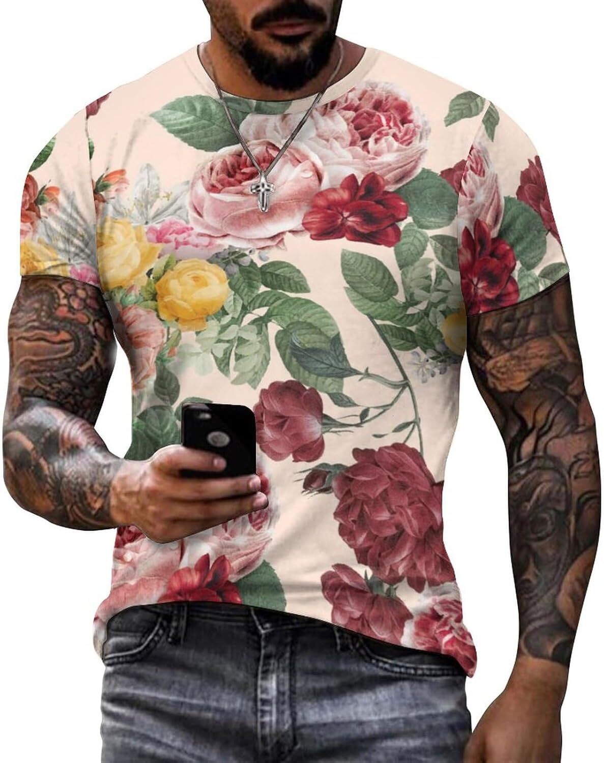 Mens T shirt Summer Rose Flower Pattern Cotton T-Shirt 3D Printed All-in-one fashion Casual Shirt Men's Crew Neck T-Shirt tee Casual tops summer 