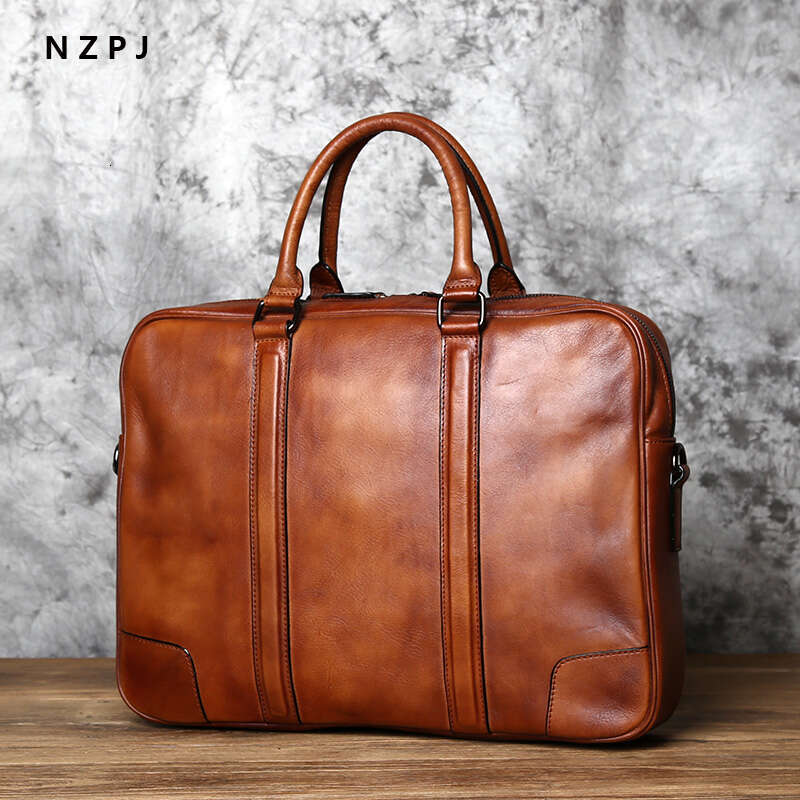 retro handmade mens handbag top layer cowhide briefcase vegetable tanned leather horizontal business computer bag