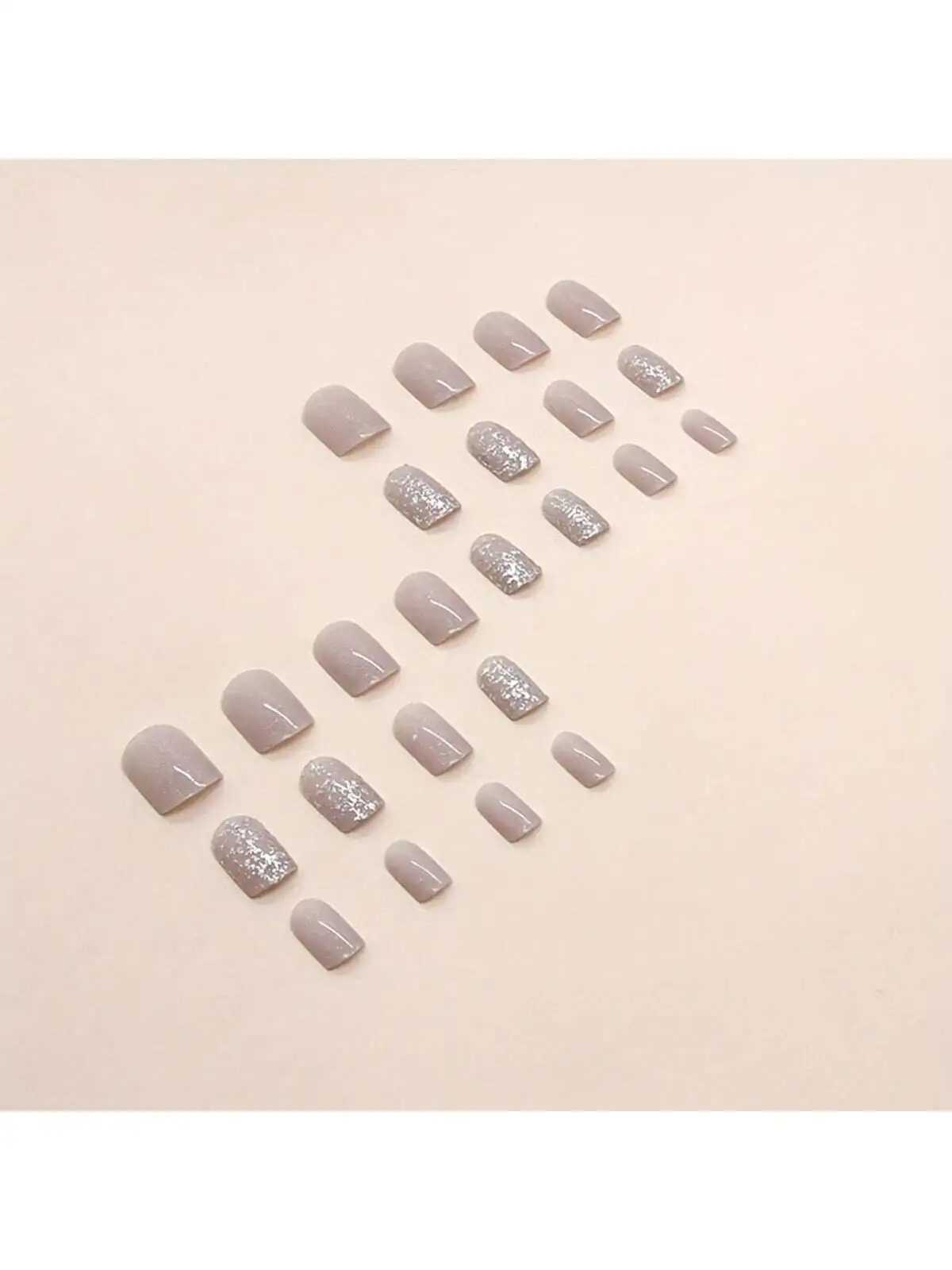 24pcs Glossy Short Square Fake Nails Nude Color Press On Nails With Shiny Sequin Design Minimalist Style False Nails With 1 NaXJ241025