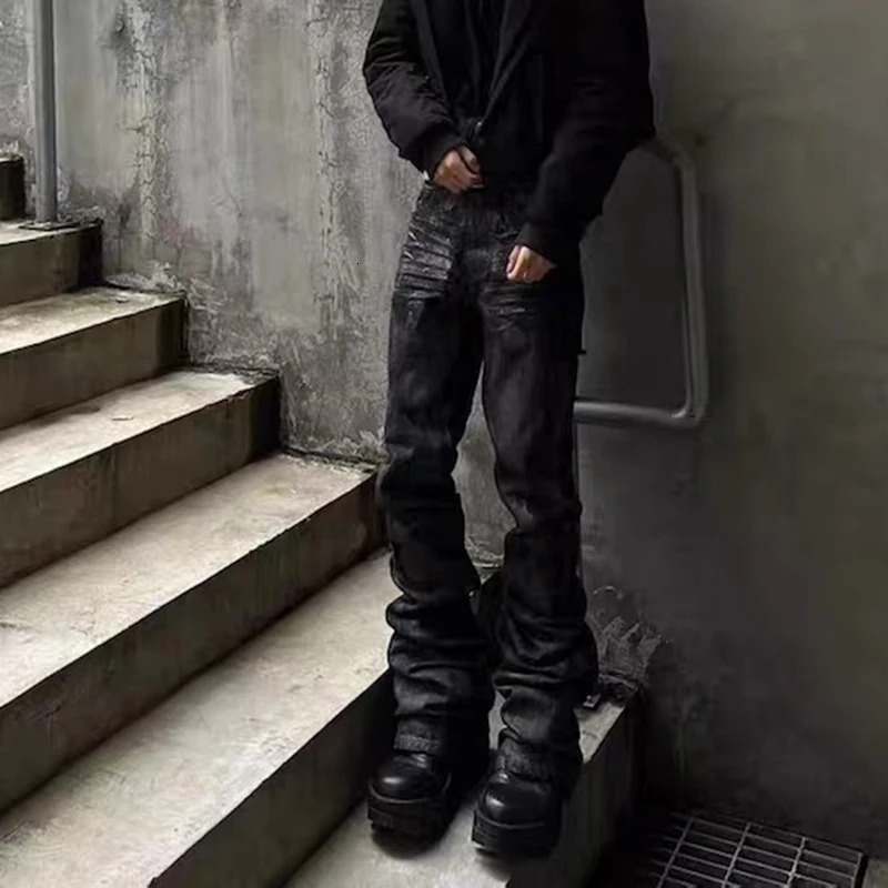 High Street Hand Brushed Glue Sparkling Baggy Flare Jeans for Men Y2k Pantalones Hombre Leather Pants Oversized y241010