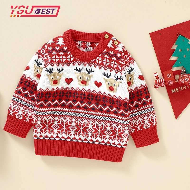 New Baby Christmas Sweater Deer Snow Print Cartoon Baby Christmas New Year Childrens Clothing Autumn Winter Childrens Knitted Clothing W241025