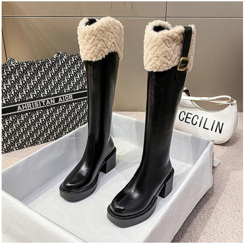 Womens knee high for fur zipper platform boots plush edge womens shoes Botas unprinted good product 241024
