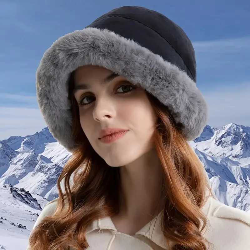 Fashion Fluffy Fur Bucket Hat for Women Winter Thick Warm Soft Plush Fisherman Panama Cap Femme Vintage Lamb Fleece Beanies HatsX241025