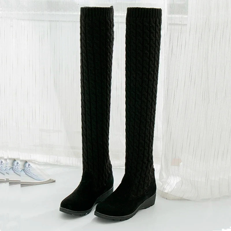 Womens boots spring and autumn thick boots womens knitted boots knee boots elastic boots sock wedge boots 250225