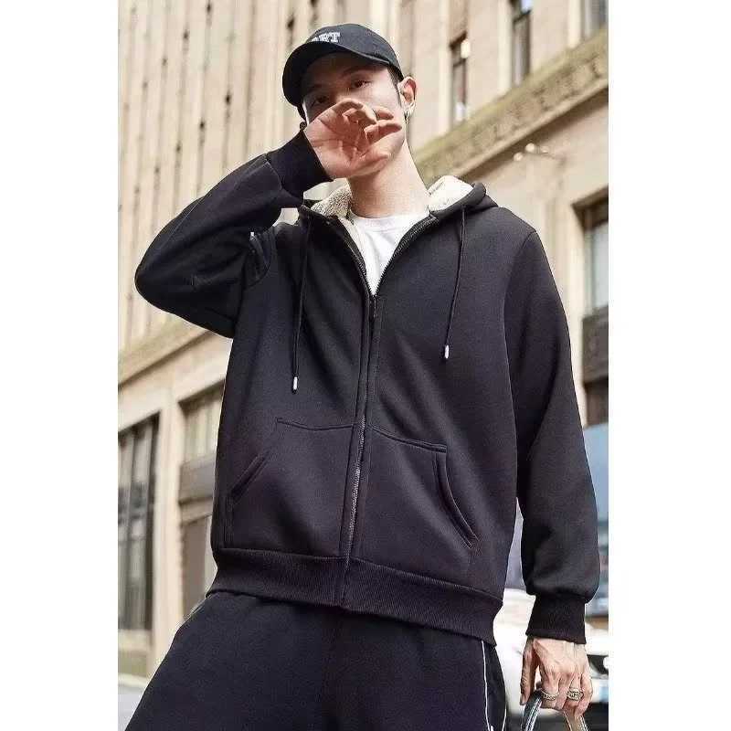 Mens Winter Lambswool Zipper Hoodie Cotton Jacket Mens Thick Coat Size Up Warm Wool Lining Jacket Black Jacket Mens Jacket W241024