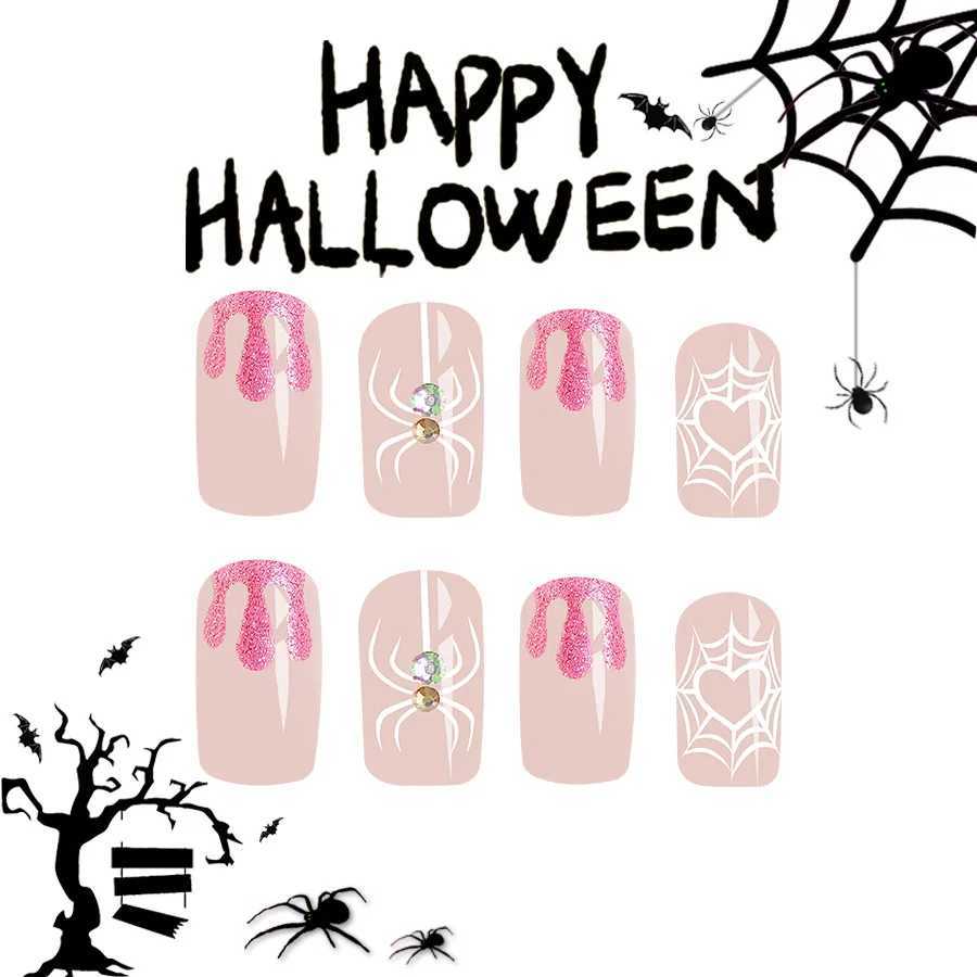 24pcs Halloween Short Fake Nails Ins Simple Shiny spider web Design False Nails for Women Wearable Detachable Press on NailsXJ241025