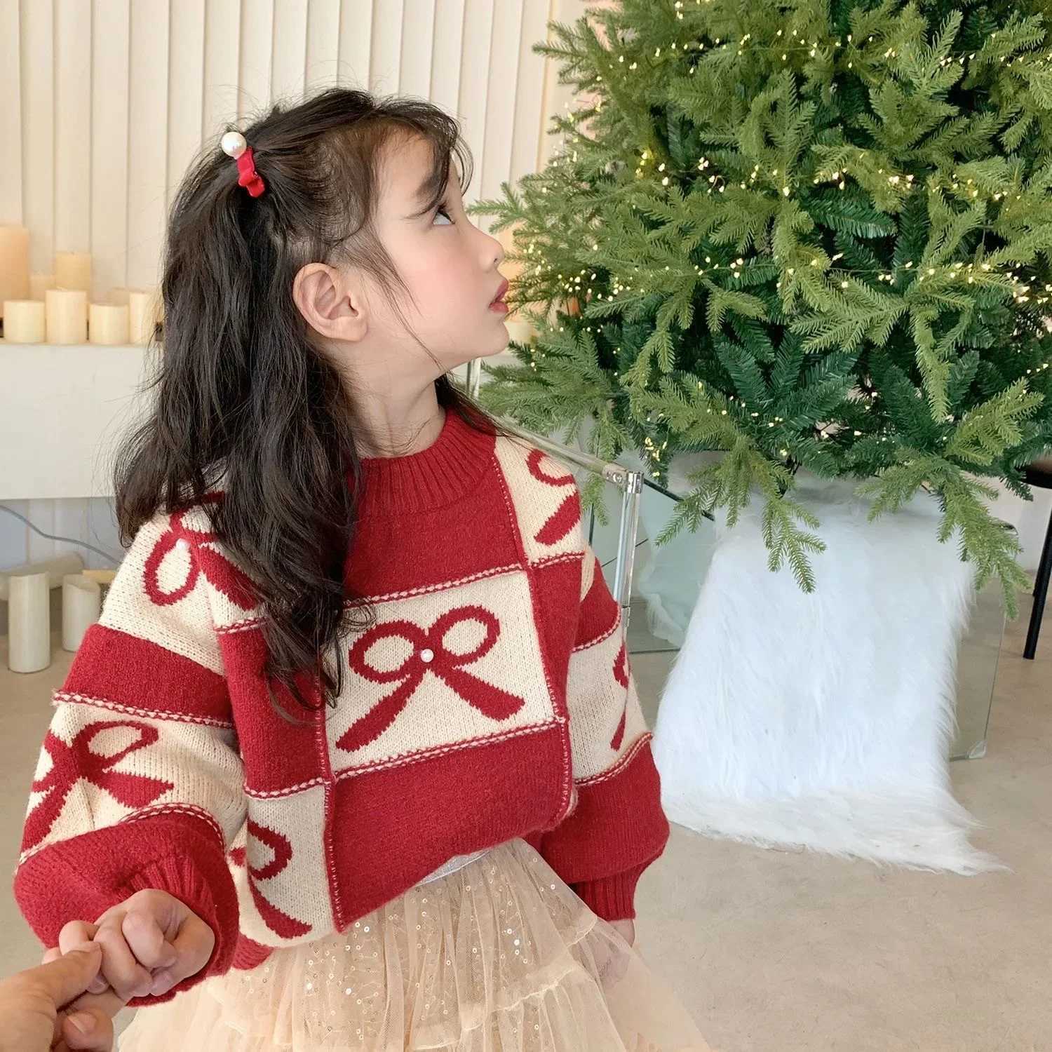 Girls Red Sweater Thickened 2024 Autumn/Winter New Childrens Knitted Childrens Christmas Thread Clothing W241025