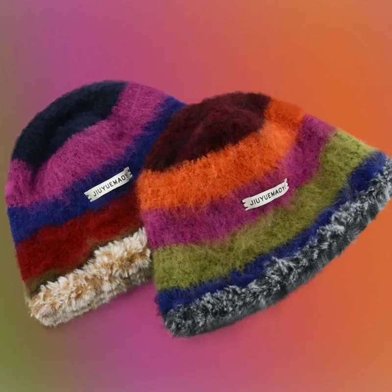 Japanese New Gradient Wool Rainbow Color Stripe Beanies Women Handmade Crochet Beanie Thick Warm Knitted Hat Winter Bucket HatX241025
