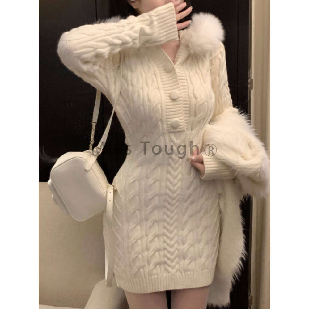 Christmas Red Elegant New Sweater Women Slim Fur Patchwork Hooded Knitted Dress Female Korean Fashion Casual Warm Clothes 2024