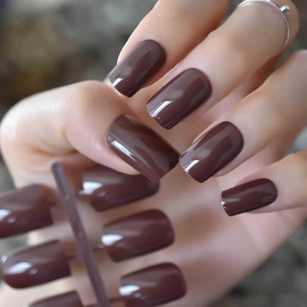 Coffee Brown False Nails Tip Chocolate UV Effect Fake Nail Full Cover Medium Length Square ABS Artificial DIY Nail ManicureXJ241025
