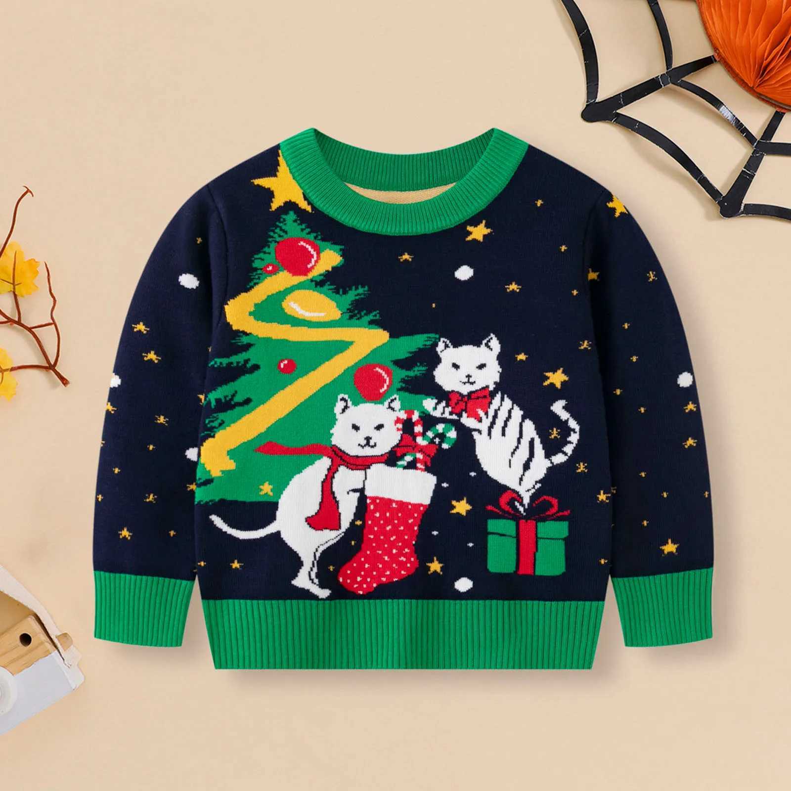 2024 Winter Christmas Sweater Childrens Cartoon Printed Knitted Pullover Autumn and Winter New Boys and Girls Cotton Warm Knitted 2-6 Years W241025