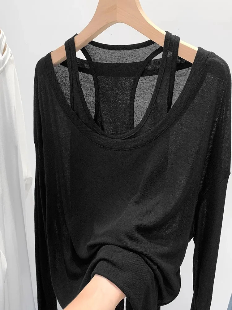 Loose Sunscreen Cover T-Shirt Two Piece Set For Women 2024 Spring And Autumn Type I-Shaped Tank Top Unique Top 241024