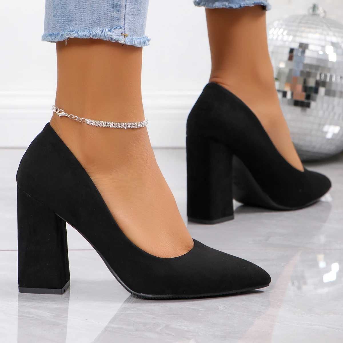 High Quality New 7cm Thick High Heels Womens Pump Shoes Suede Wedding Party Casual Square High Heels Fi Slip - Womens High Heels T241024