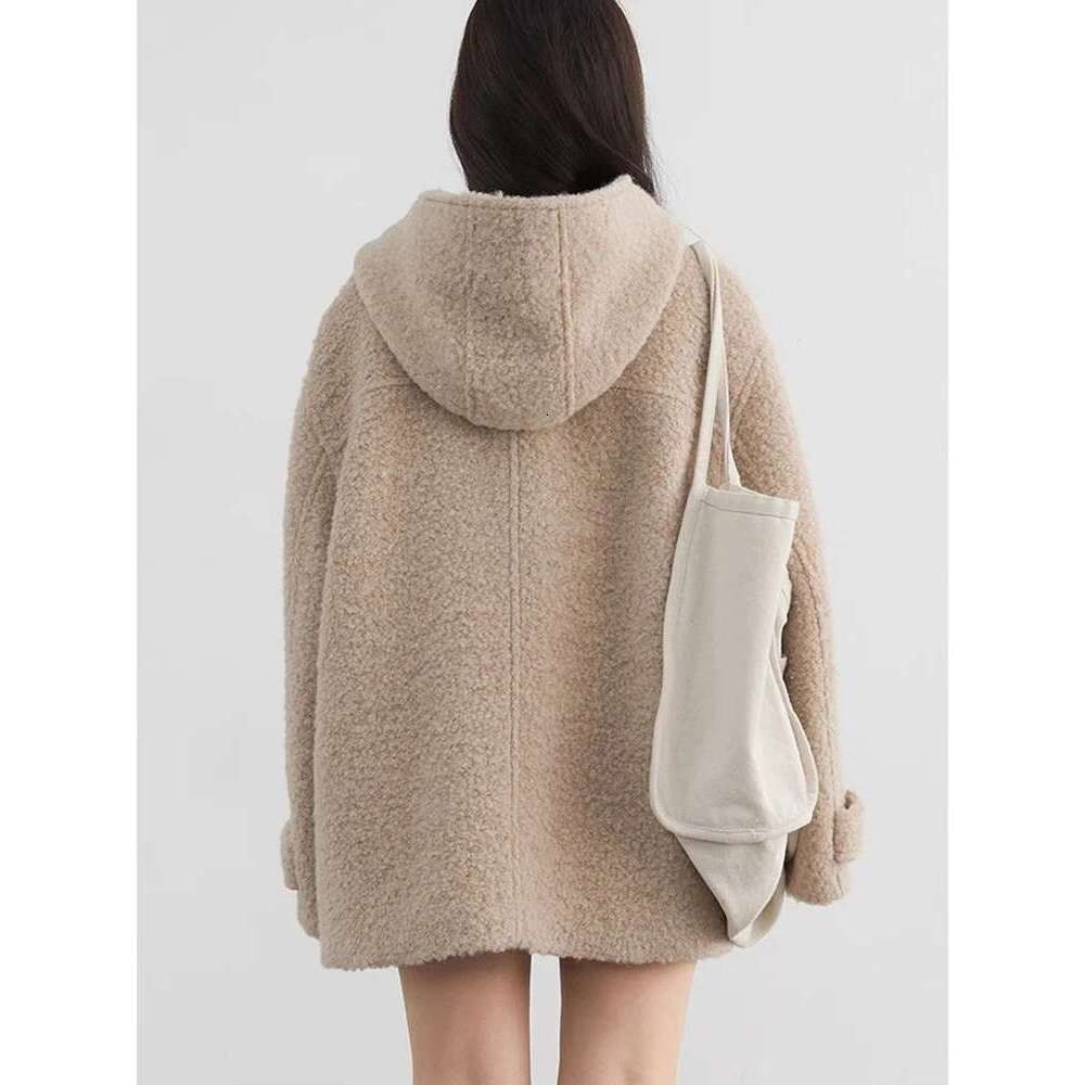 CHIC VEN Women's Woolen Loose Solid New Korean Black Coat Cow Horn Buckle Female Hooded Jacket Outerwear Autumn Winter 2024