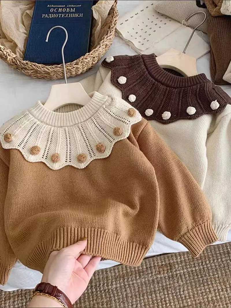 Autumn winter young girl sweater thick cotton wool long sleeved girl latte art casual ball collar knitted for preschool girls W241025