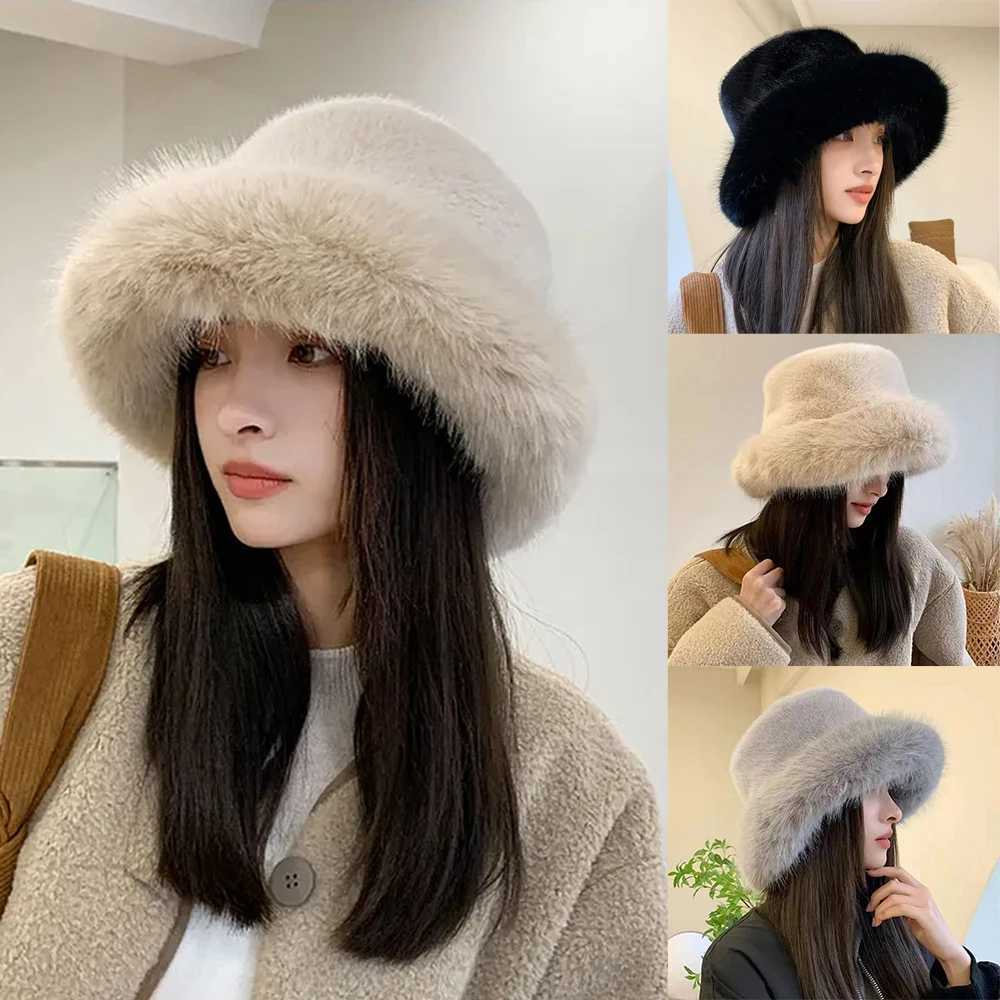Women Faux Fur Fluffy Bucket Hat Winter Thicken Ear Protection Cap Soft Plush Casual Versatile Panama Cap Windproof Warm HatsX241025
