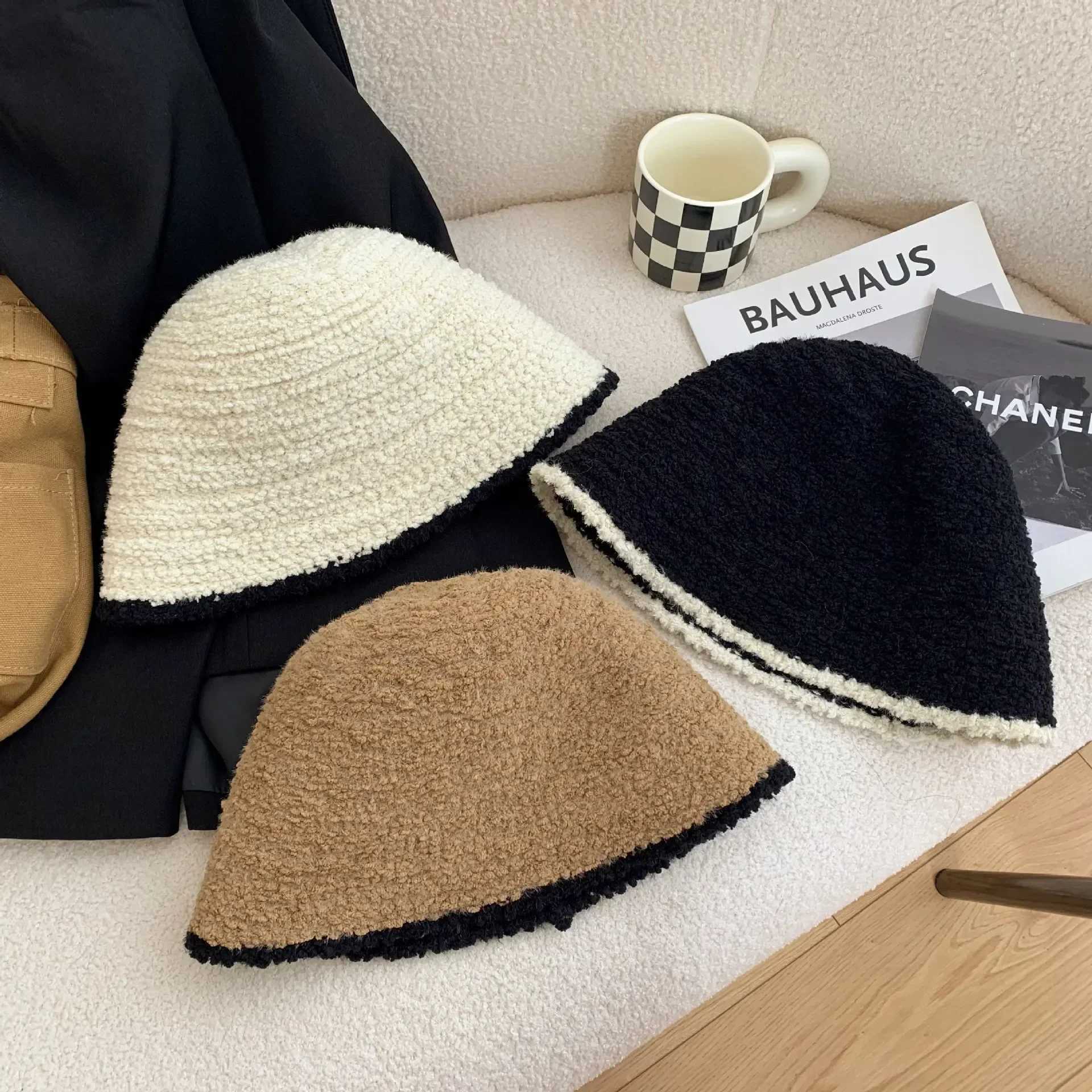 New Knitting Bucket Hat Women Winter Lamb Wool Fleece Cap Corduroy Fisherman Hats Sunscreen Panama Caps for WomenX241025