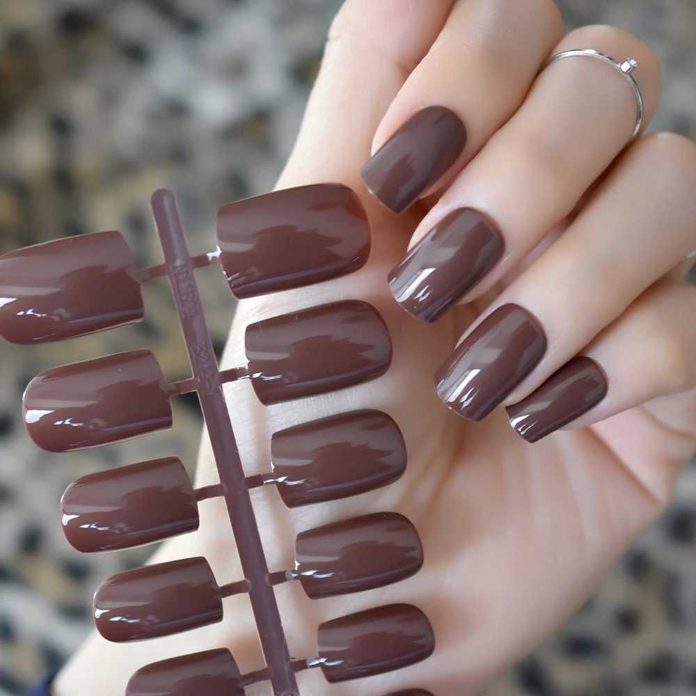 Coffee Brown False Nails Tip Chocolate UV Effect Fake Nail Full Cover Medium Length Square ABS Artificial DIY Nail ManicureXJ241025