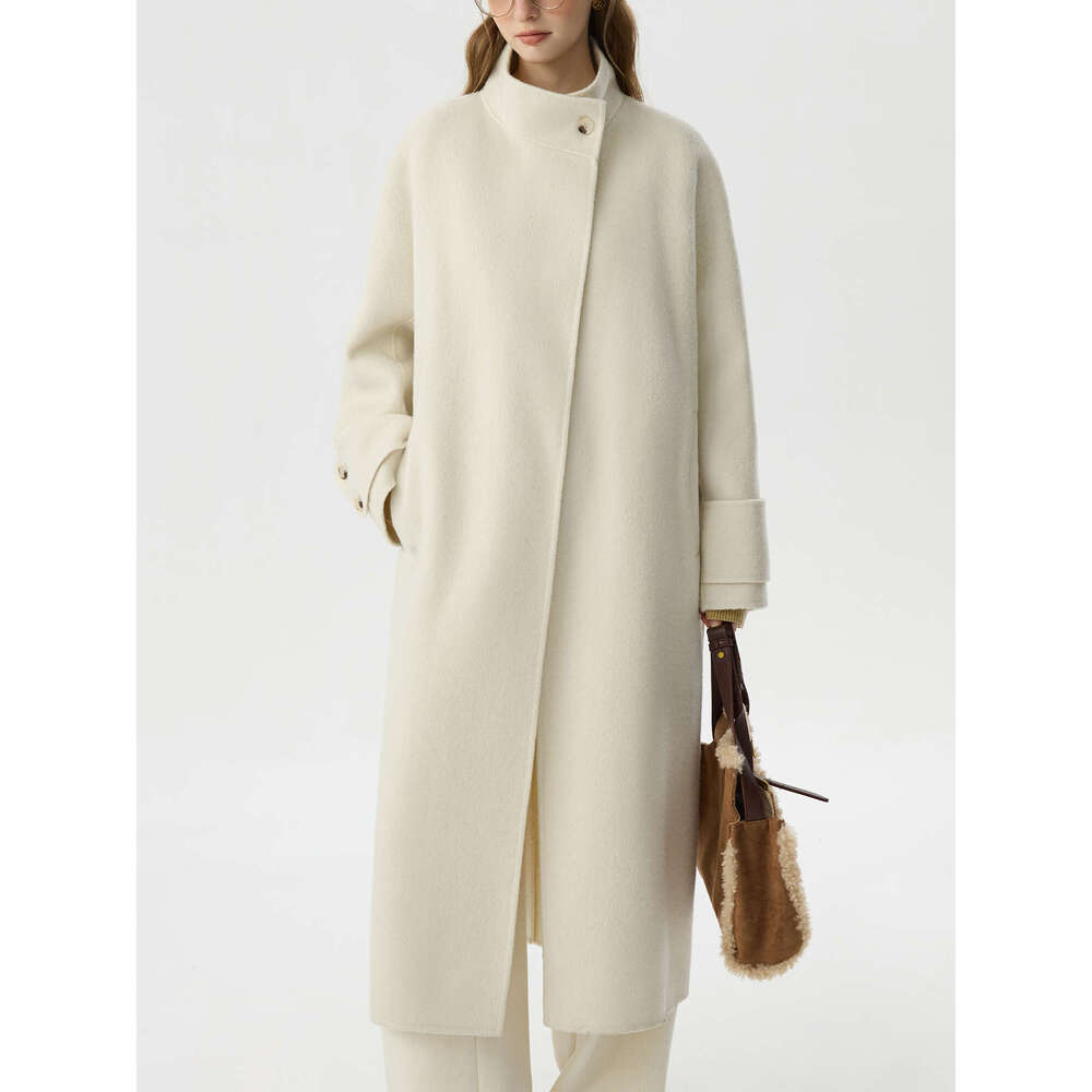 FSLE 88.9% High Collar Alpaca Wool Elegant White Versatile Coat 2024 Winter New Double-Sided Tweed Long Jacket 24Fs14437